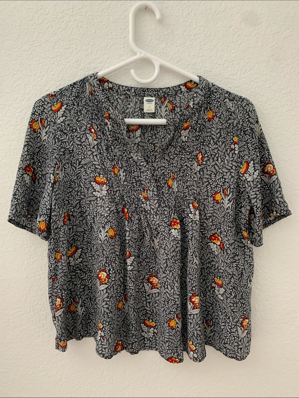 Old Navy Black Floral Short-Sleeve Blouse with Orange and Yellow Accents